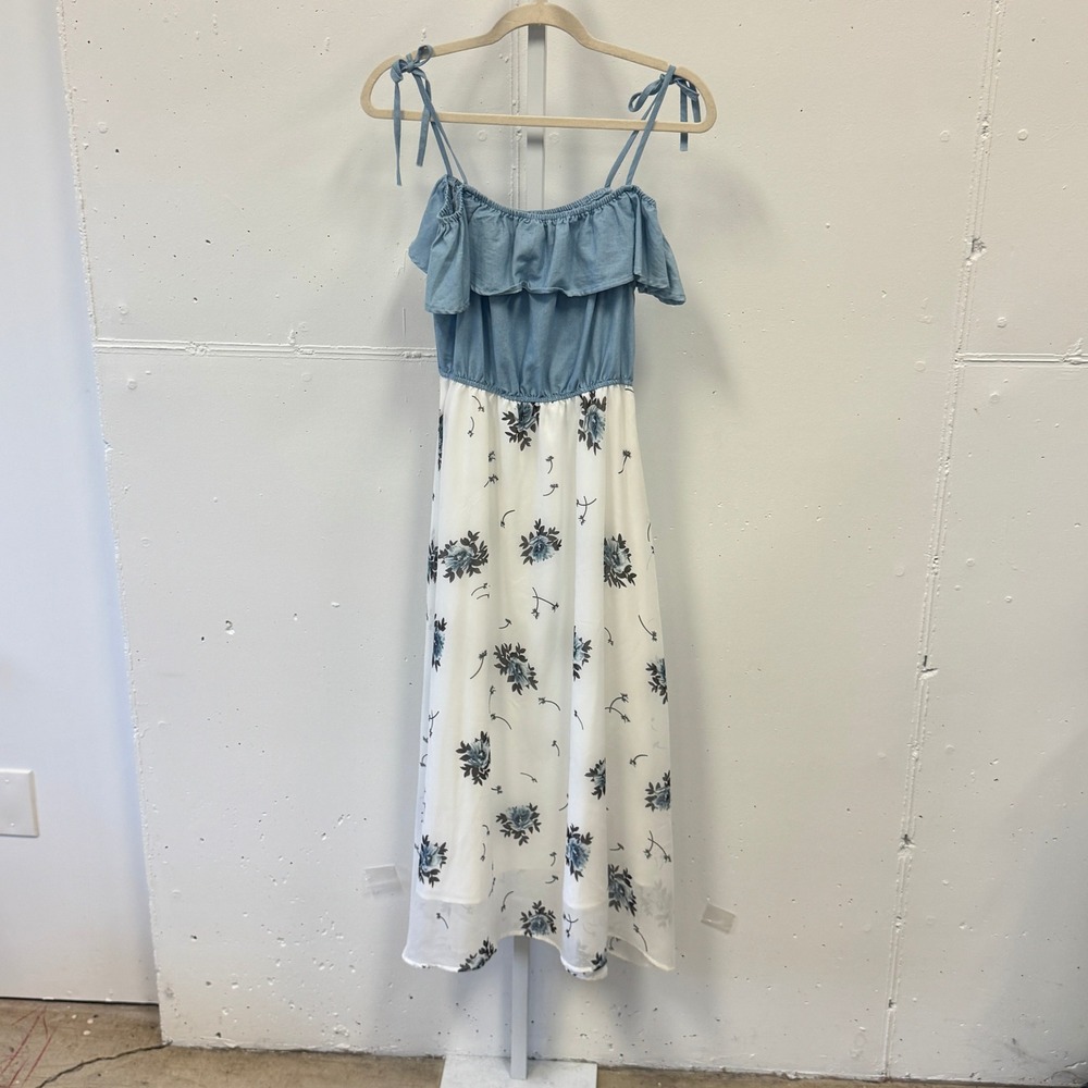 MOM Maternity Ruffle Floral Maxi Dress Small Tie Strap Off Shoulder Mixed Media
